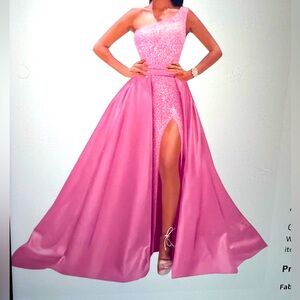 One-Shoulder Pink Evening Gown with High Slit